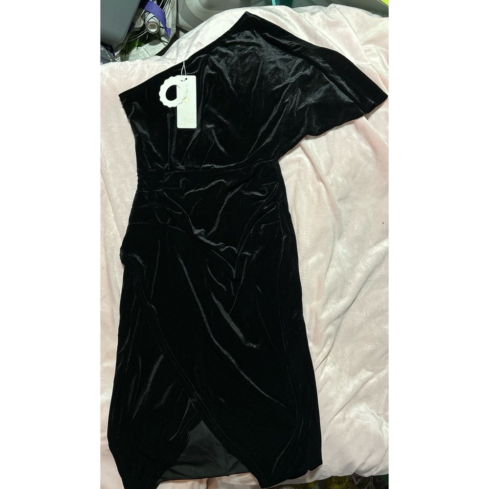 NEW Subiki Black Velour One Shoulder Batwing Sleeve Fitted Stretch Midi Dress, S